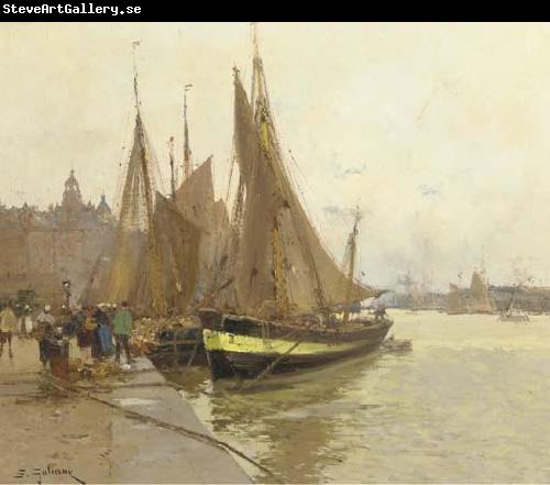 Eugene Galien-Laloue A bustling quayside